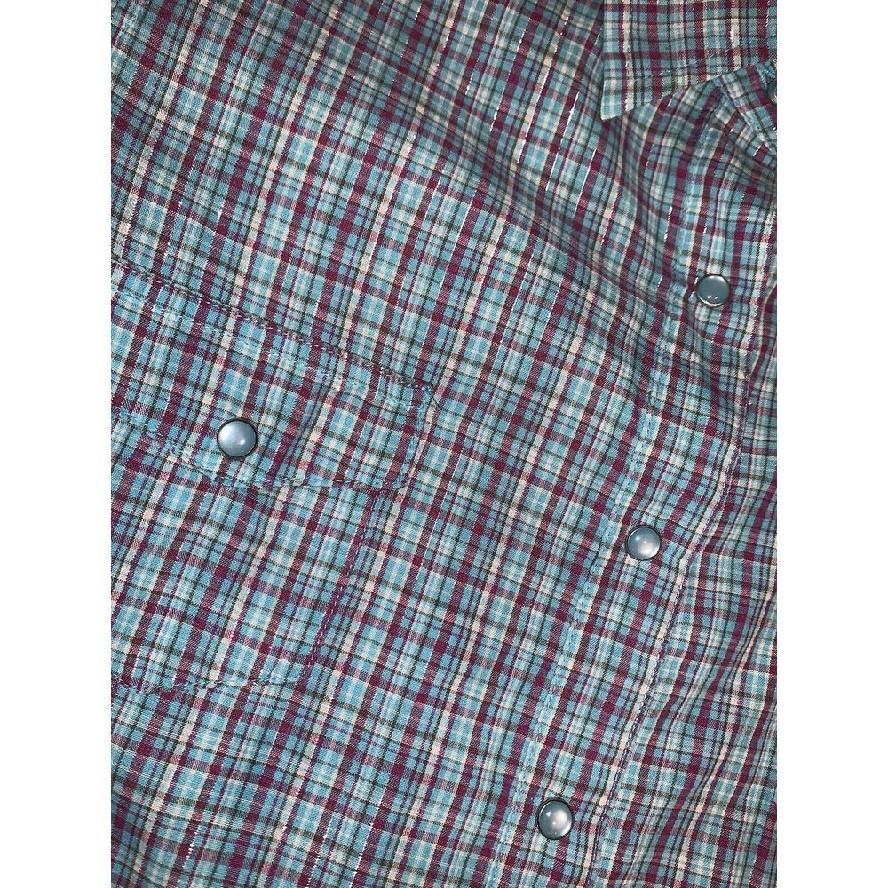 Women's L Blue Pink Sparkle plaid Wrancher Wrangler Short Sleeve Pearl Snap - Picture 11 of 16